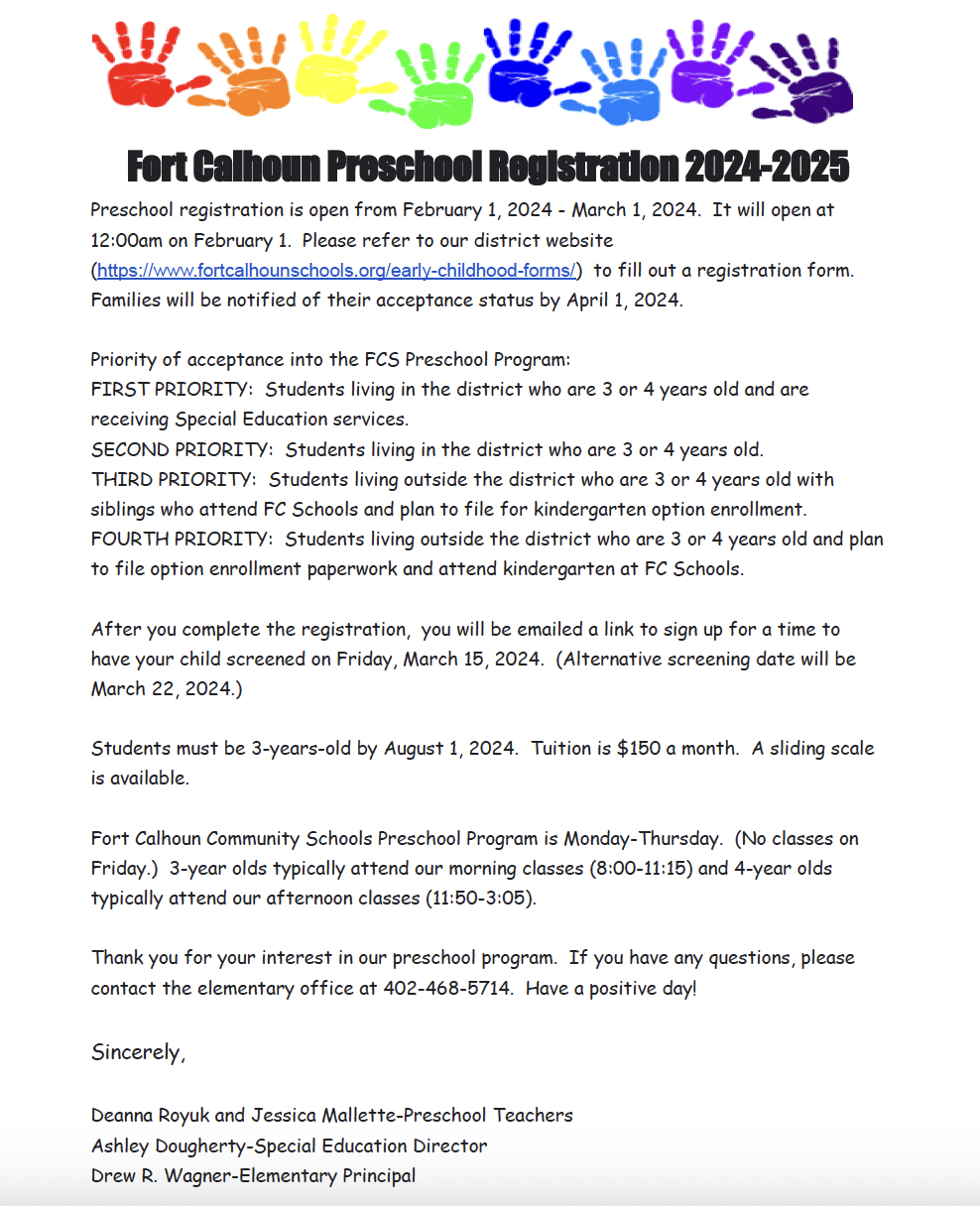 Preschool Registration 2024-2025 – Fort Calhoun Community Schools